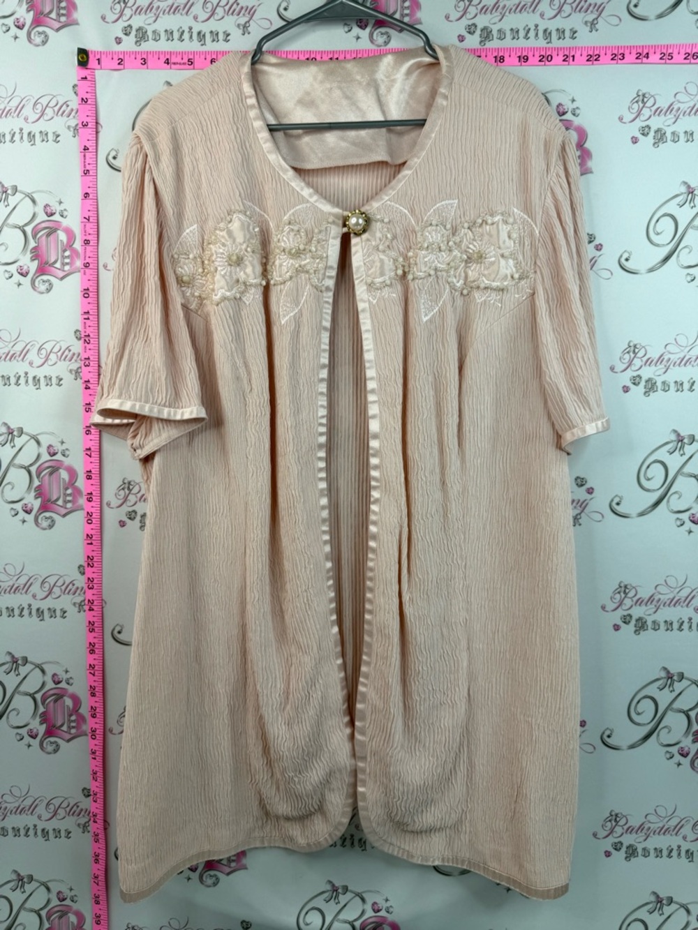 Vintage top pearl button up embroidery Blush Pink Embroidered Open Front Duster